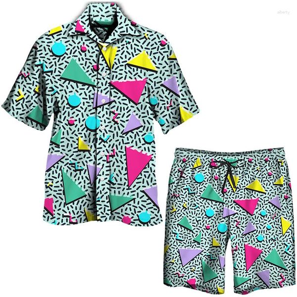 Herren-Freizeithemden, neuartiges geometrisches 3D-Druck-Hawaiian-Set, kurzärmelige Hemden mit Knöpfen/Strandshorts/Sets, trendige Sommerurlaubs-Outfits