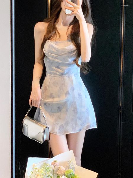Günlük Elbiseler Seksi Backless Hatta Parti Elbise Kadın 2023 Yaz Şifon Zarif Y2k Mini Plaj Çiçekli Tek Parça Kore Modası İnce