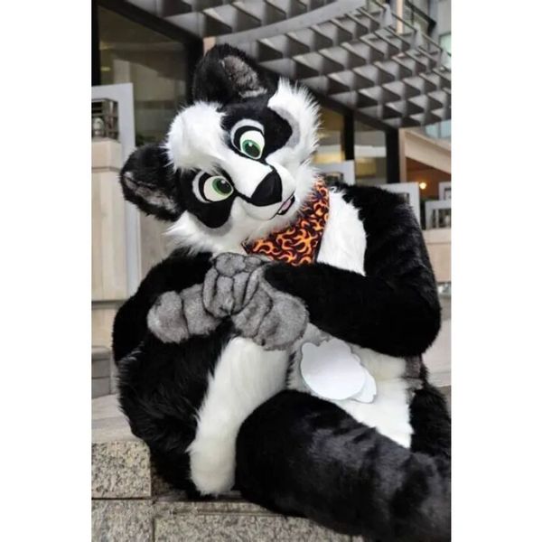 Traje Mascote Husky Canino Gato Perna Reta Fursuit Terno Acessórios para Festa de Halloween Feito à Mão Cão Longo Peludo