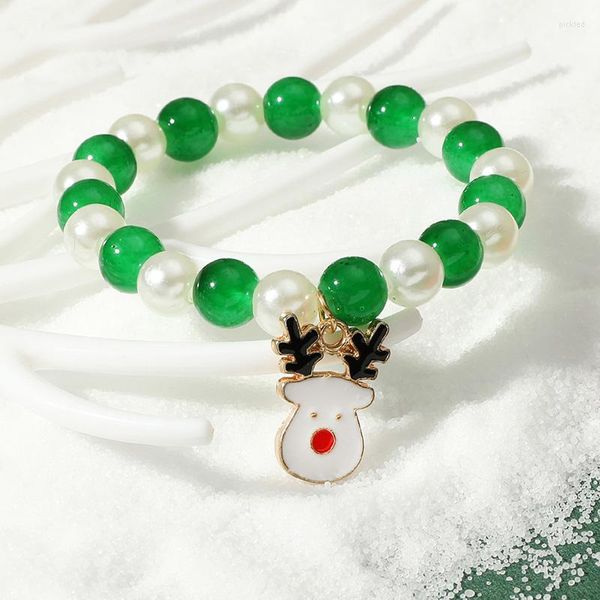 Braccialetti con ciondoli Donna Natale Fatto a mano Rosso Verde Braccialetto a catena con perline Cartone animato Corna gocciolanti Natale Cappello di Babbo Natale Perline Frangia Gioielli Regali