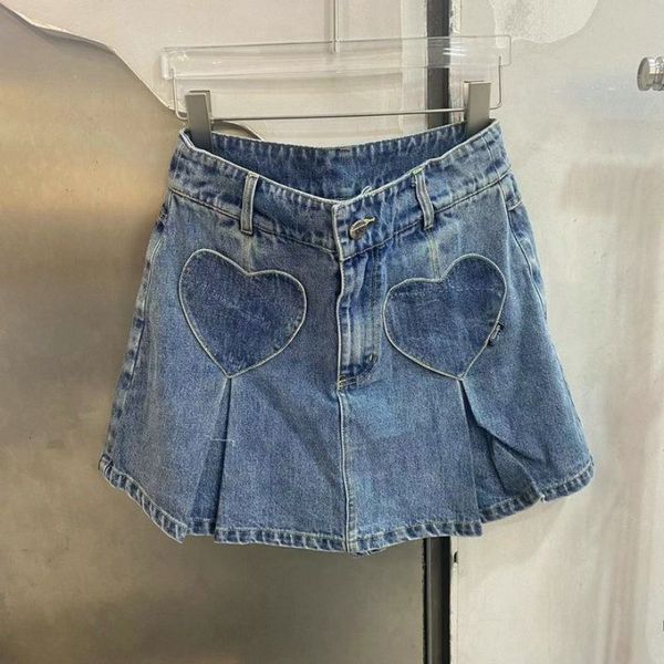 İki Parça Elbise Büyük Boy Aşk Denim Tatlı Kısa Etek Kadın Yaz Yüksek Bel Kasık Kapsayan İnce Bir çizgi Gösterir Genç Kız Y2K Yarım Pantolon 230629