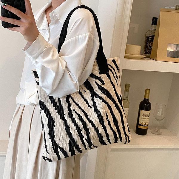 Bolsas de noite Y2K malha bolsa feminina padrão zebra crochê corda ombro senhoras eco coreana shopper tricô bolsa livro literário