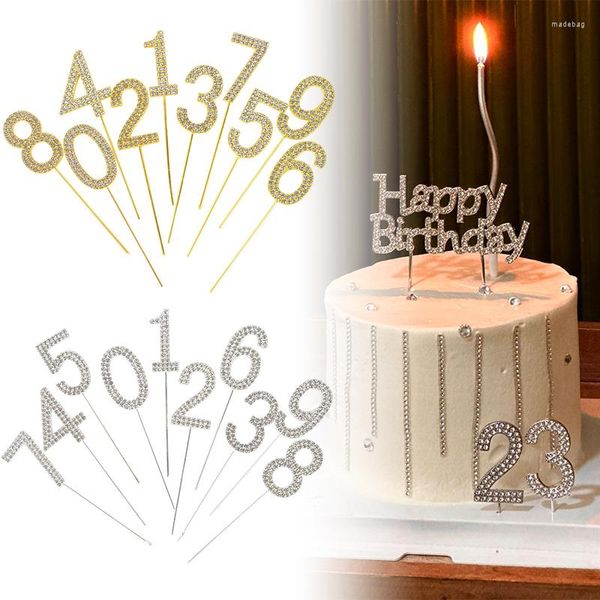 Suprimentos festivos liga de brilho strass número topo de bolo ouro prata cravejado de diamantes digital 0-9 aniversário decoração de festa chá de bebê