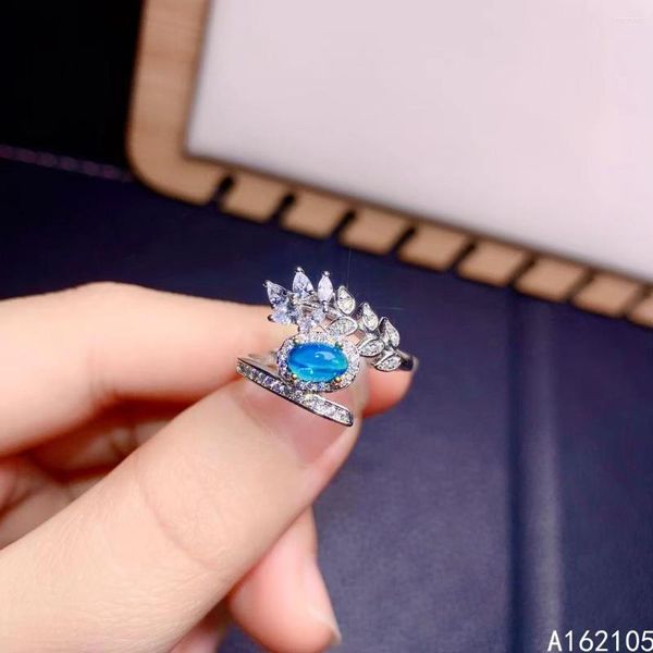 Cluster-Ringe 925 reines Silber im chinesischen Stil natürlicher blauer Opal Damen-Luxus-Pflanzen-einstellbarer Edelstein-Ring Feiner Schmuck Unterstützungserkennung