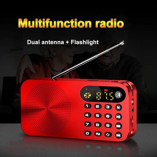 Anschlüsse Mini-FM-Radio, tragbarer FM-Empfänger mit LED-Anzeige, LED-Licht, unterstützt U-Disk, TF-Karte, Kopfhörerwiedergabe, 3600 mAh wiederaufladbarer Akku