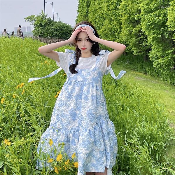 Casual Kleider Koreanische Sommer Kawaii Süße Weiche Girly Niedliche Jacquard Kleid Quadrat Kragen Verband Bogen Ärmellose Falten Leibchen