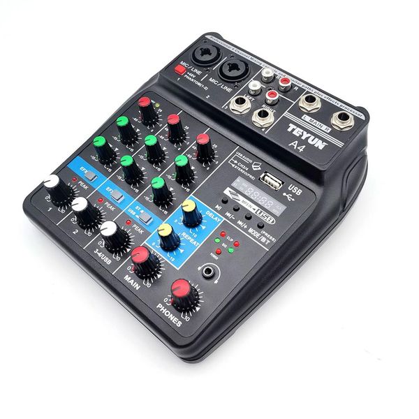 Mixer Mixer audio professionale a 4 canali Console di missaggio audio Amplificatore Bluetooth Usb Computer di registrazione 48 V Alimentazione Phantom Ripetizione ritardo