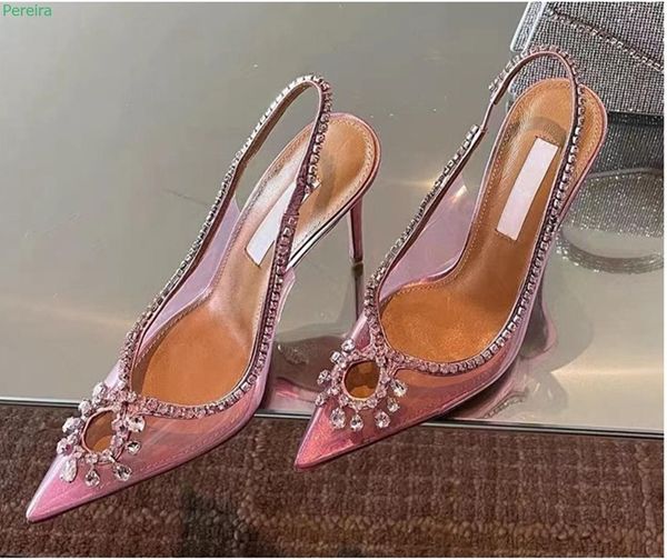 Stiefel rosa Strasskettenketten Pumpen Sommer Frauen Neuankömmlinge solide dünne High Heel Speod Toe Hollow Fashion sexy transparente Schuhe