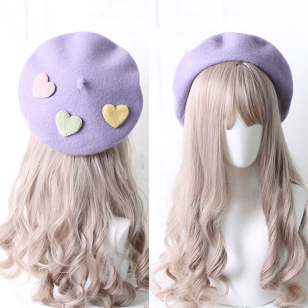 Cute Girls Kawaii Little love Boina Sweet Lolita Headwear Roxo Gorros Chapéu Feito à Mão Lã Feltro Boina Feminina Atacado