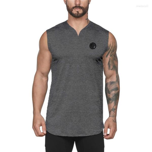 Canottiere da uomo Palestra Bodybuilding Fitness Casual Uomo Cotone senza maniche Estate Assorbe il sudore Camicia muscolare con scollo a V slim fit traspirante