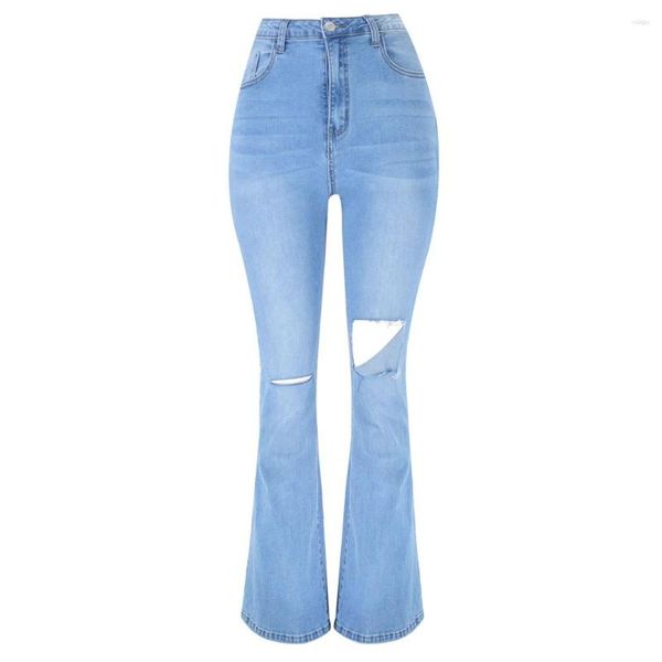 Jeans Feminino Elástico Rasgado Calças Denim Quebradas Calças Largas Corte de Bota Perna Larga Abertura do Joelho Calças Femininas Rasgadas Cowboy Bottom Sino Elegante