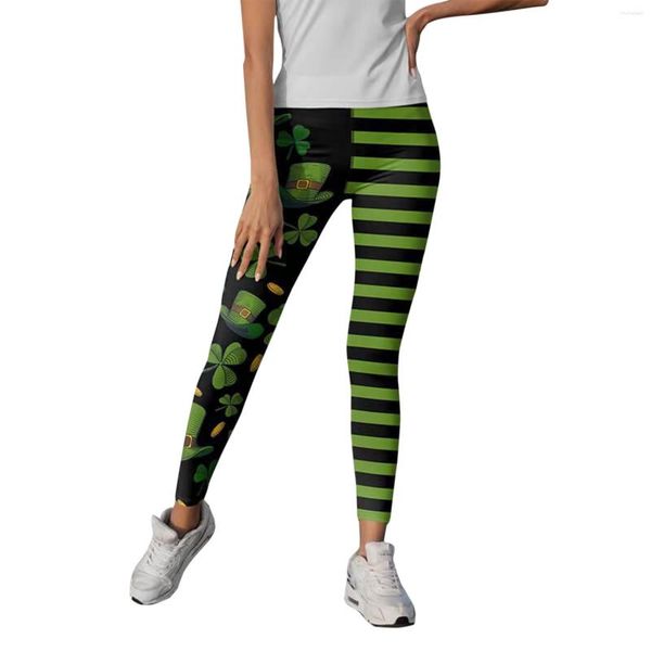 Leggings Femininas Comprimento Esporte Engraçado Elástico Mulheres Padrão Trevo Verde Ioga Tênis Elasticidade Push Up Pant