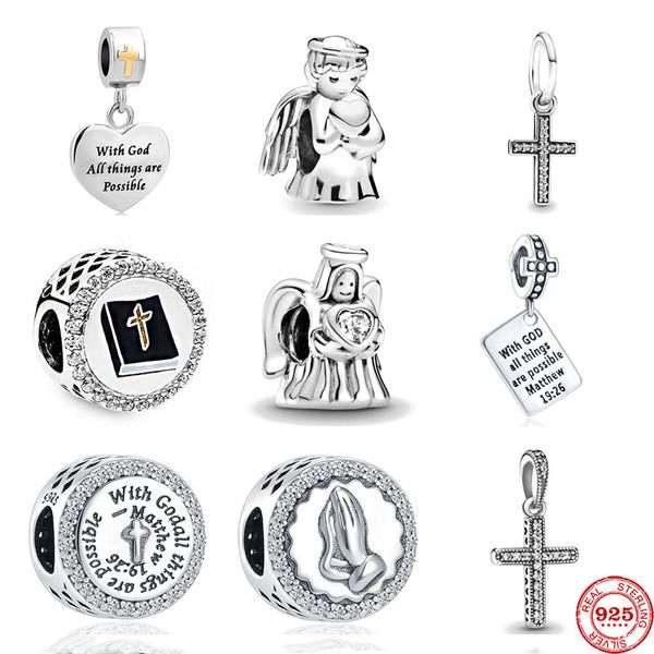 Heißer Verkauf, hochwertiger 925er-Sterlingsilber-Designer-Charm, neue Bibel-Kreuz-Engel-Jesus-Gott-Perle, passend für Pandora-Charm-Armbänder, DIY-Schmuckzubehör, Partygeschenke