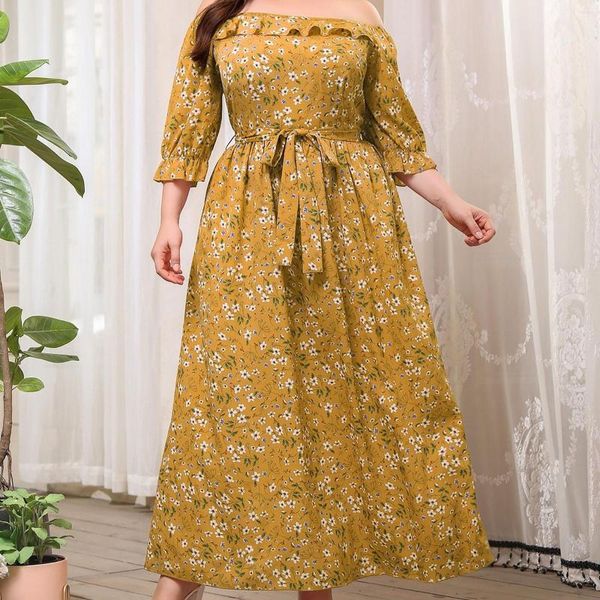 Vestidos casuais femininos estampados florais vestido de verão ombro a ombro cinto franzido chiffon envolto no peito plissado longo tecido tamanho grande