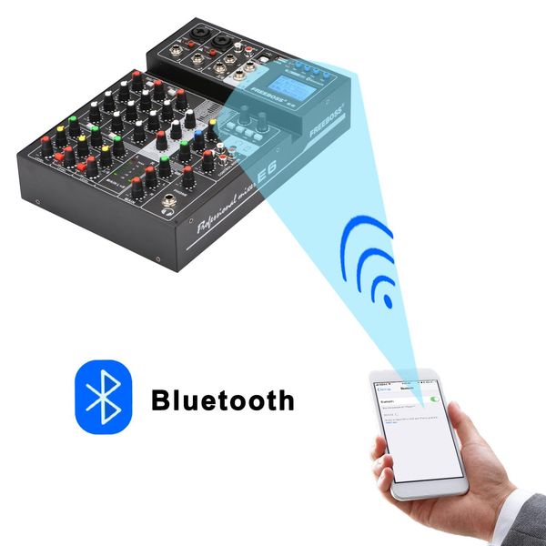 Amplificadores grátis E6 6 canais Bluetooth 24 DSP Efeito USB Gravação de computador Karaokê Party Studio Smart Phone Transmissão ao vivo Mixer de áudio