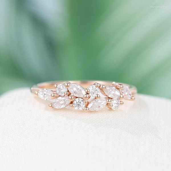 Cluster Rings CxsJeremy 14K 585 Rose Gold Vintage Marquise Cut Moissanite Wedding Banding Matching Unique Half Eternity Bridal Gift