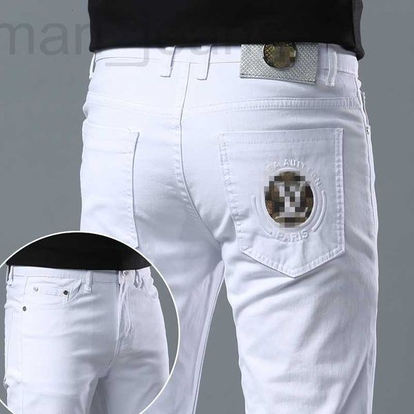 Jeans masculino designer primavera/verão novo para luz luxo edição coreana pés elásticos finos ajuste fino algodão branco puro calças compridas europeias 3d41