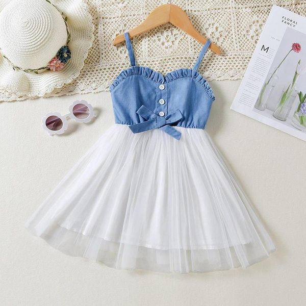 Vestidos para Meninas Vestido de Tule Bebê Meninas Festa Princesa Criança Alça Espaguete Sem Manga Denim Mesh Patchwork Tutu Sweet Vestidos