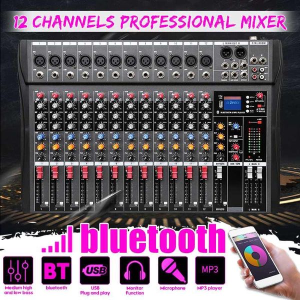 Mixer Tragbarer Audiomixer mit USB-DJ-Sound-Mischkonsole MP3-Buchse 12-Kanal-Karaoke-48-V-Verstärker für Karaoke-Ktv-Match-Party