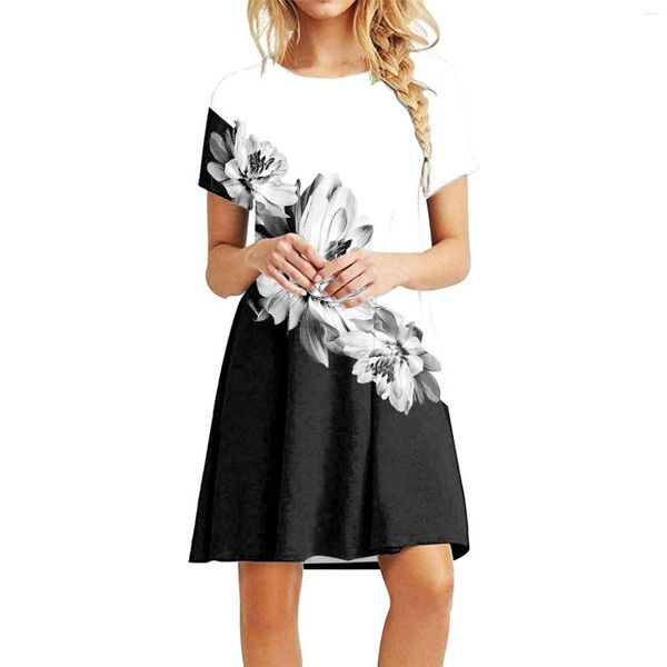 Casual Kleider Kurzarm Crewneck T-shirt Plus Größe Sommer Frauen Swing Blume Paten Print Kleid frauen Vestidos