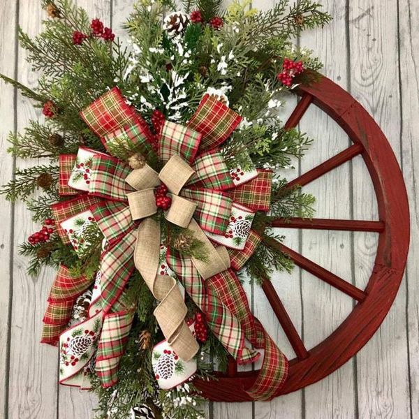 Dekorative Blumen Weihnachten Tür Kranz Dekorationen Plaid 3D Bowknot Frosted Zweige Holz Rad Basis Für Urlaub Vorne NIN668