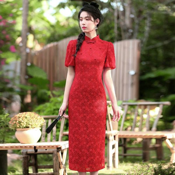 Partykleider Chinesischer Stil Cheongsam Dipao Kleid Frauen 2023 Frühling Sommer Feine Spitze Dunkelroter Stehkragen Laternenärmel Elegant