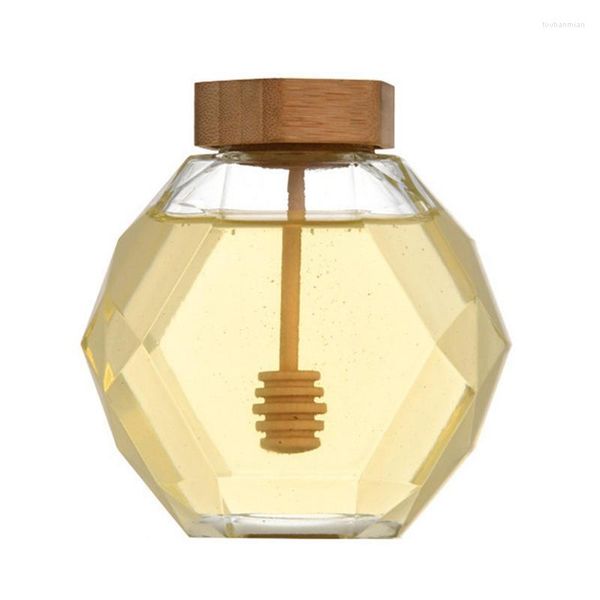 Aufbewahrungsflaschen, sechseckiges Honigglas aus Glas, 12-Unzen-Gläser, Partygeschenke, glasversiegelt, mit Schöpflöffel, transparenter Topf zum Würzen