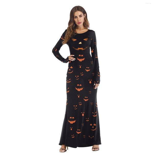 Vestidos casuais fantasia de Halloween engraçado estampa de abóbora vestido maxi manga longa roupas femininas streetwear