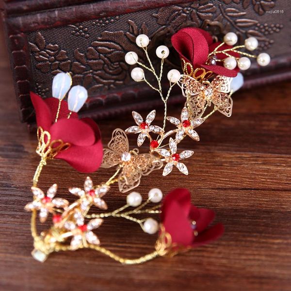 Заколки для волос в китайском стиле, красный цветок, стразы, свадебные украшения для невесты, аксессуары для девочек, заколки, свадебные шпильки
