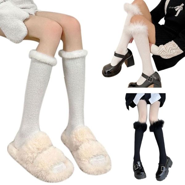 Women Socks Winter Furry Trim Warm Long Calf Japanese Uniform Student Casual Stockings Solid Color Knee High Mid Tube Stocking