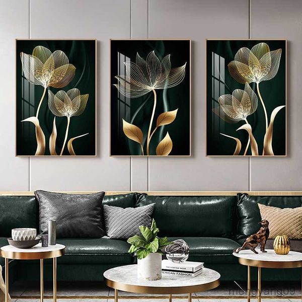 Outros decoração de casa pintura de arte abstrata flores verdes douradas folha decoração de casa moderna lona pôsteres imagens para sala de estar r230630