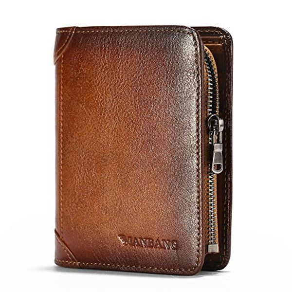 Carteira ManBang Men com Zíper Couro Genuíno Titulares de Cartão RFID Couro Zip Coin Pocket Carteiras Bifold para homens Marrom de alta qualidade