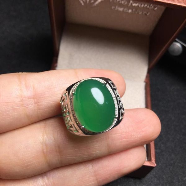 Cluster Ringe Luxus Silber Edelstein Ring für Mann 12mm 16mm Natürlicher grüner Chalcedon 925 Sterling Schmuck
