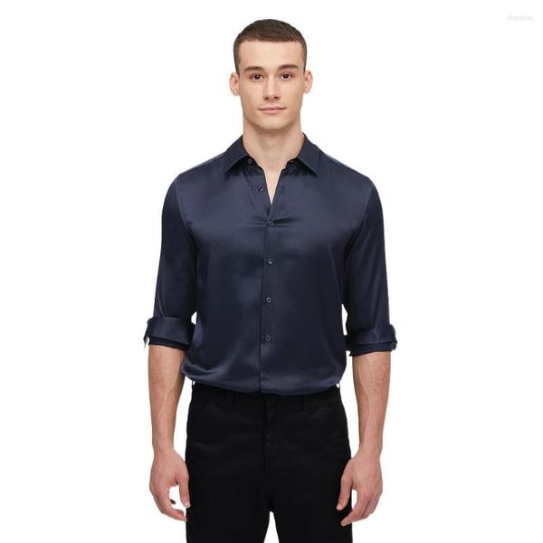 Camisetas masculinas 22 mm Mulberry Silk Camisa básica Vestido de manga longa com botões Padrão Casual Ocasiões formais puras