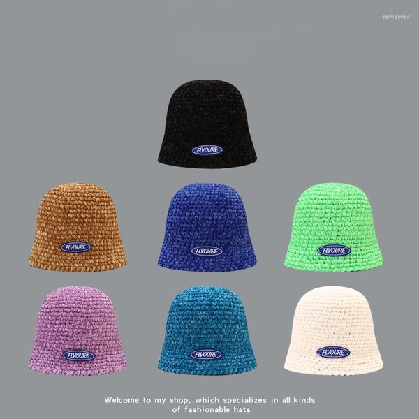 Boinas outono e inverno gorro de lã chenille tricotado à mão chapéu frio etiqueta com letras balde branco pescador gorras