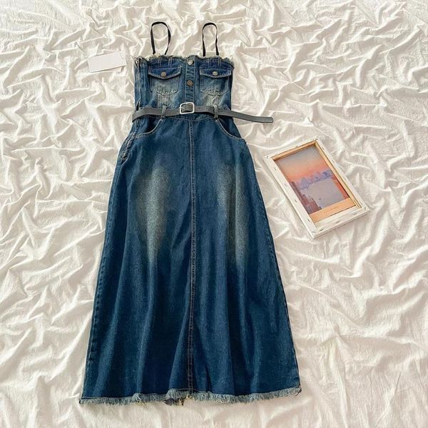 Vestidos Casuais Vintage Strapless Blue Denim Dress Summer Fashion Cintura Alta Fina Meia-longa Alça Espaguete Meninas Streetwear