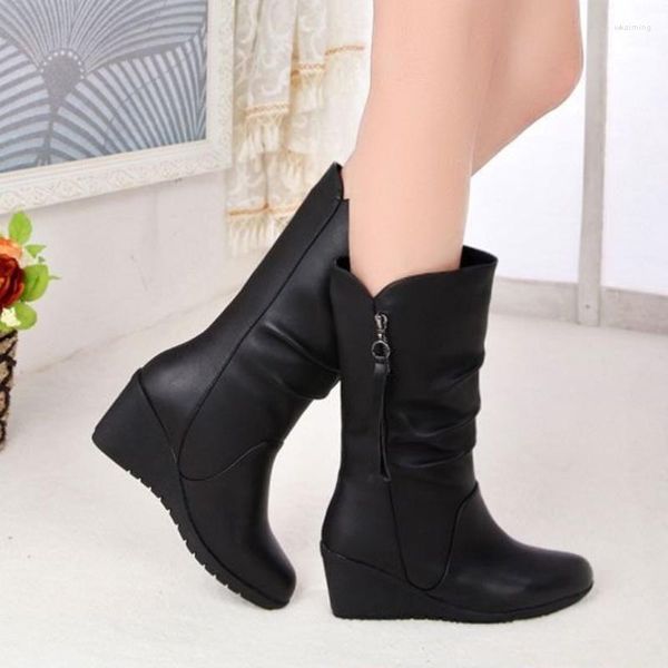 Botas Femininas Bota Curta Feminina Inverno Baixo Preto Cunhas Para Mulheres Chunky Platform Sapatos Devido Ao Elegante Salto De Couro Genuíno