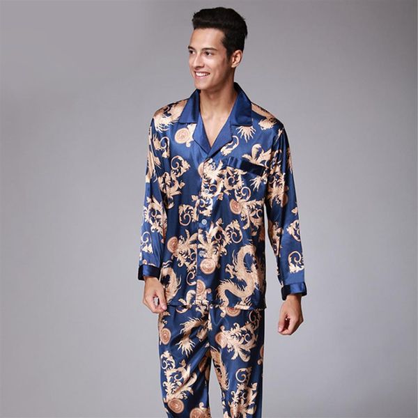 Pijama de cetim de seda masculino conjunto de pijama conjuntos de roupa de dormir loungewear roupa de dormir estampada dragão roupa de dormir casal 2 peças tops e calças grandes 296B