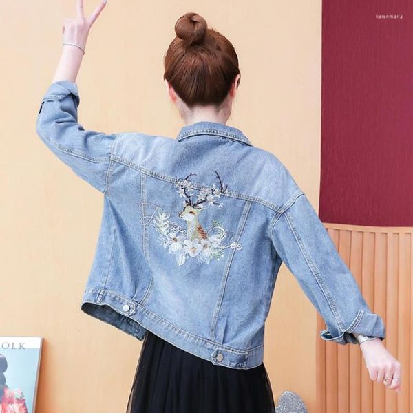 Giacche da donna giacca corta in denim donna coreano 2023 autunno moda femminile cappotto sottile ricamo floreale abiti Top ragazze