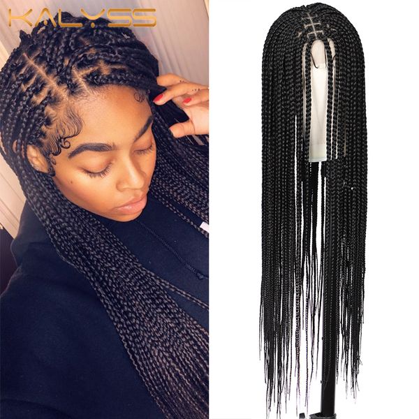 Perucas de renda Kalyss 36 polegadas frente cheia sem nós caixa trançada com cabelo de bebê super longo sintético para mulheres negras 230630