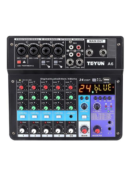 Mixer Teyun A6 Audio-Mischpult, Sound-Tischplatine mit 6 Kanälen, USB, Bluetooth, digitalem MP3-Computereingang, 48 V Phantomspeisung