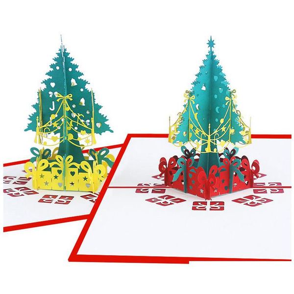 Grußkarten Weihnachtsbaum 3D Pop Up Gold Rote Bäume Frohe Weihnachten Handgemachte Feiertags-Drop-Lieferung Hausgarten Festliche Partyzubehör E Dhec7