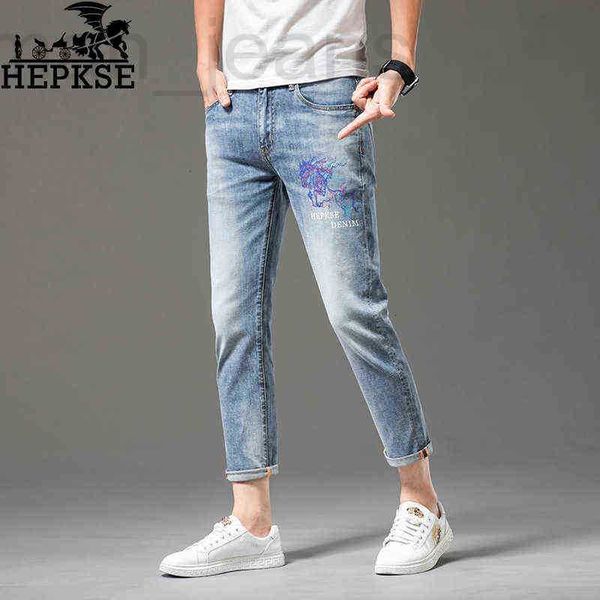Jeans da uomo firmati End High European Light Blue Ricamati Cropped Thin Summer Fashion Trend Elastic Slim Straight Tube EB0H