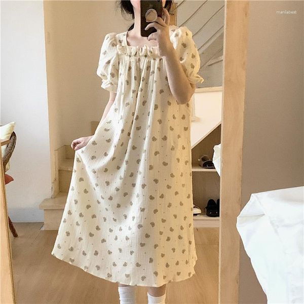 Indumenti da notte da donna Cartoon Bear Summer Night Dress Women Square Collar Ruffles Camicia da notte lunga in cotone allentato Kawaii manica a sbuffo blu