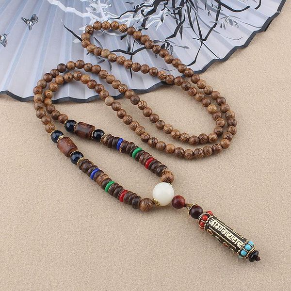 Colares com Pingente Budista Tibetano Feito à Mão Simples Cadeia de Corda Mantra Sinal Seis Palavras Colar Budismo Três Olhos Dzi Beads Amuleto