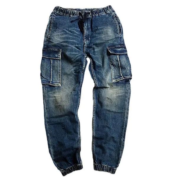 Мужские джинсы с функциональным большим карманом-карго, винтажные укороченные джинсовые брюки-карандаш с эластичной резинкой на талии, мужские 230629