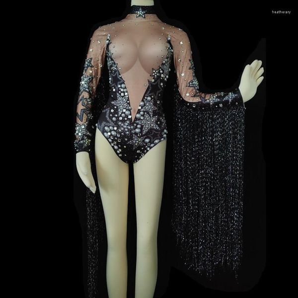 Sahne Giyim Kadın Kostümleri Moda Gösterisi Streç Leotard Gece Kulübü Parti İnciler Kostüm Dans Tulum Seksi Saçaklar Kristaller Bodysuit