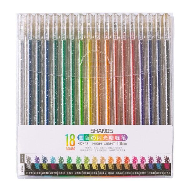 Kalemler 18pcs/set kawaii 1.0mm glitter jel kalem renk değiştirme flaş işaretleyici çizim kalem kız çocukları okul sevimli kırtasiye