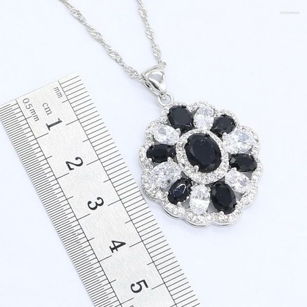 Halskette Ohrringe Set Luxus Silber Farbe Für Frauen Schwarz Weiß Zirkon Armband Anhänger Ring Geschenkbox