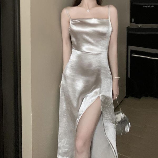 Повседневные платья серебристо-атласное сексуальное с открытой спиной женское летнее элегантное вечернее платье без рукавов для модного сплит-слипа 26810